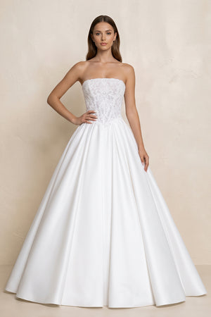 White Strapless Lace Satin Corset Ball Gown Wedding Dress | KISSBRIDAL