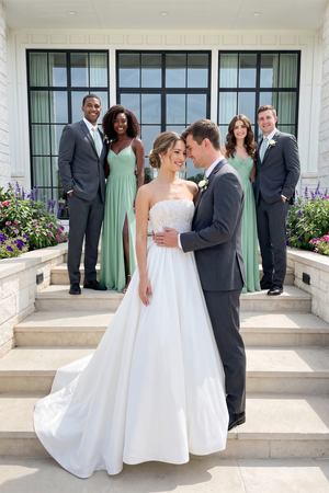 White Strapless Lace Satin Corset Ball Gown Wedding Dress | KISSBRIDAL