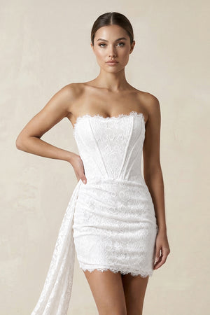 White Strapless Lace Sheath Corset Mini Wedding Dress (3) | KISSBRIDAL