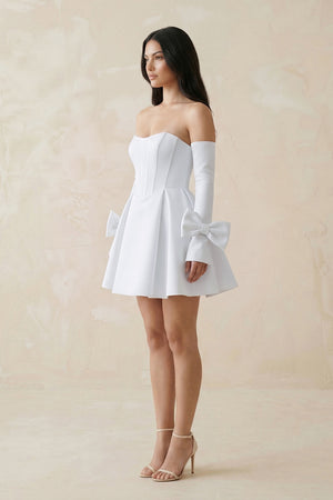 White Strapless Satin A-Line Mini Wedding Dress With Sleeves (2) | KISSBRIDAL