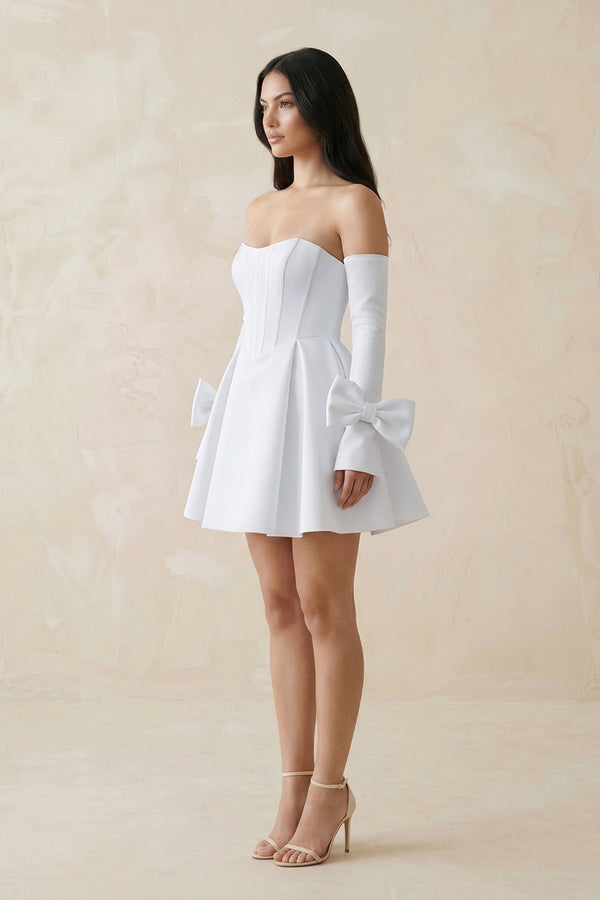 White Strapless Satin A-Line Mini Wedding Dress With Sleeves (2) | KISSBRIDAL