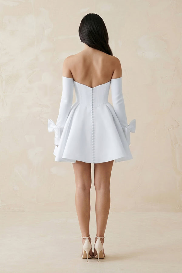 White Strapless Satin A-Line Mini Wedding Dress With Sleeves (3) | KISSBRIDAL
