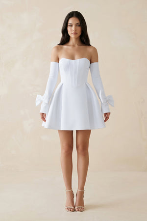 White Strapless Satin A-Line Mini Wedding Dress With Sleeves | KISSBRIDAL
