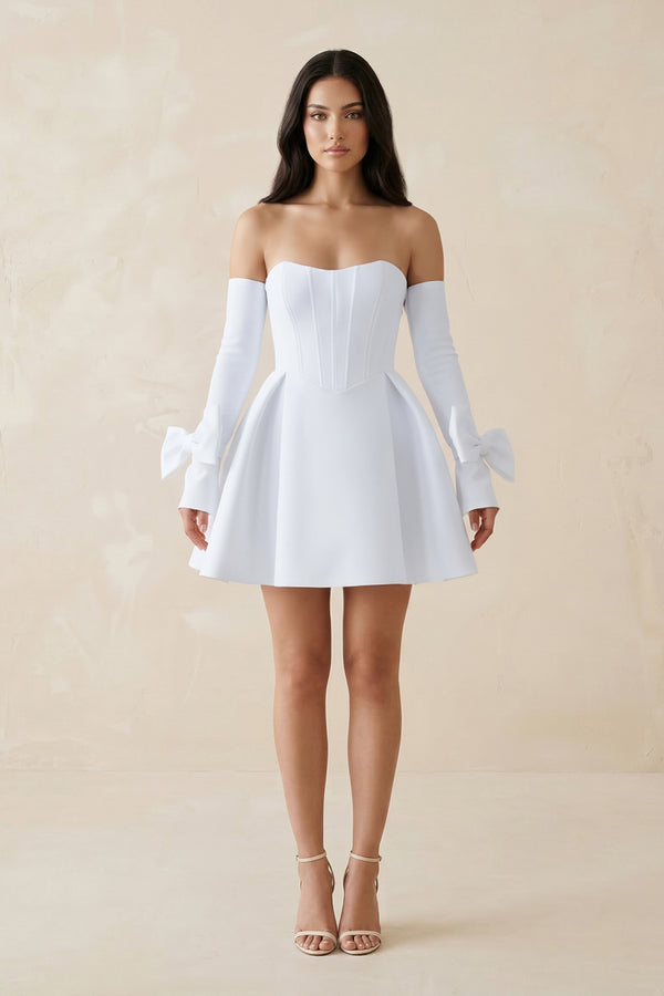 White Strapless Satin A-Line Mini Wedding Dress With Sleeves | KISSBRIDAL