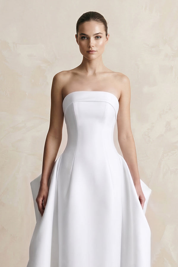 White Strapless Satin A-Line Wedding Dress (3) | KISSBRIDAL