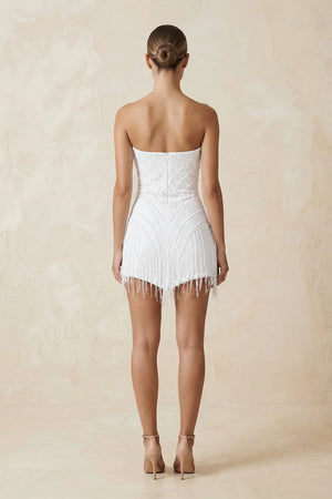 White Strapless Sheath Mini Wedding Dress with Tassel (2) | KISSBRIDAL