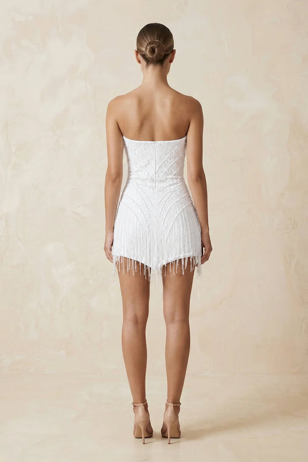 White Strapless Sheath Mini Wedding Dress with Tassel (2) | KISSBRIDAL