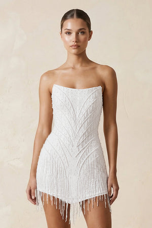 White Strapless Sheath Mini Wedding Dress with Tassel (3) | KISSBRIDAL