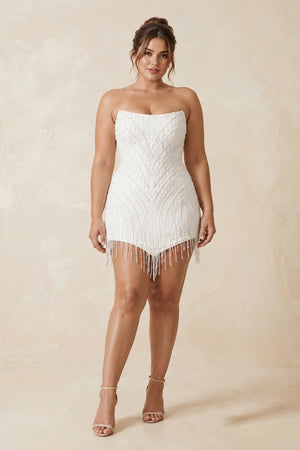 White Strapless Sheath Mini Wedding Dress with Tassel [sizeplus] | KISSBRIDAL