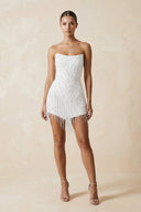 White Strapless Sheath Mini Wedding Dress with Tassel | KISSBRIDAL