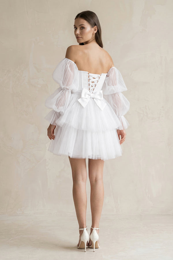 White Strapless Tiered A-Line Tulle Mini Wedding Dress With Sleeves (2) | KISSBRIDAL