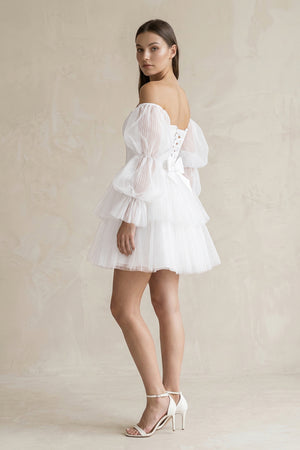 White Strapless Tiered A-Line Tulle Mini Wedding Dress With Sleeves (3) | KISSBRIDAL