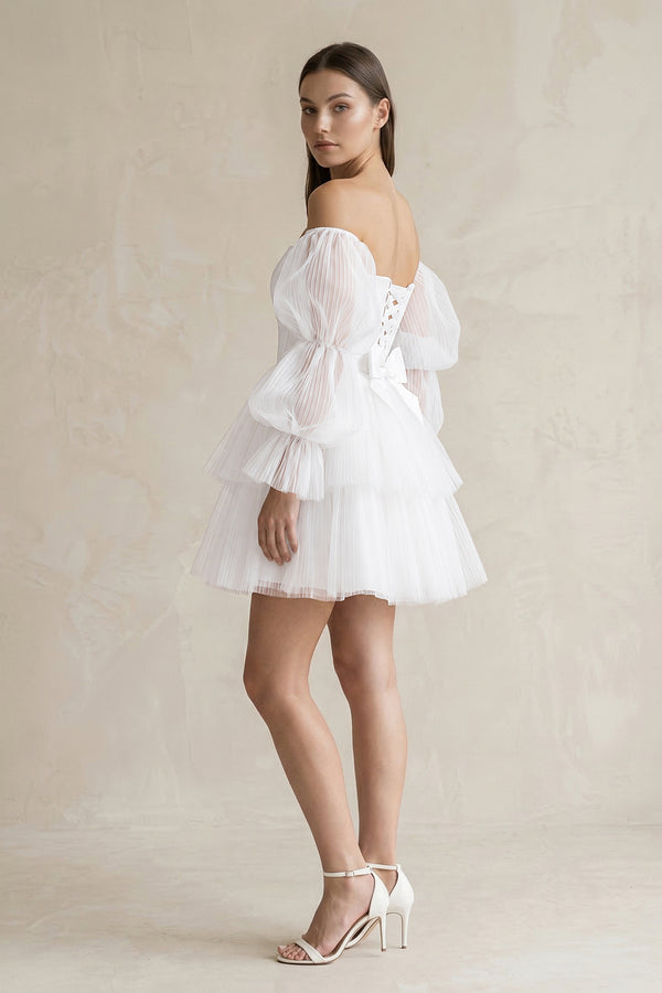 White Strapless Tiered A-Line Tulle Mini Wedding Dress With Sleeves (3) | KISSBRIDAL