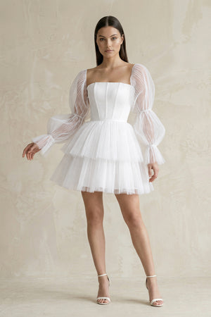 White Strapless Tiered A-Line Tulle Mini Wedding Dress With Sleeves | KISSBRIDAL