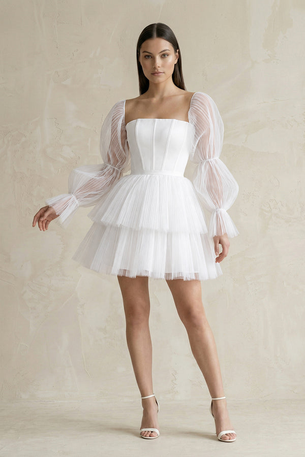 White Strapless Tiered A-Line Tulle Mini Wedding Dress With Sleeves | KISSBRIDAL