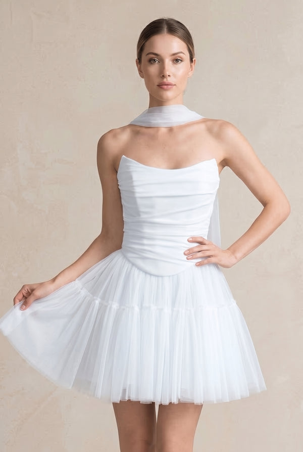 White Strapless Tulle A-Line Ruched Mini Wedding Dress (2) | KISSBRIDAL