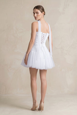 White Strapless Tulle A-Line Ruched Mini Wedding Dress (3) | KISSBRIDAL