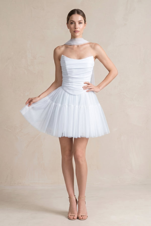 White Strapless Tulle A-Line Ruched Mini Wedding Dress | KISSBRIDAL