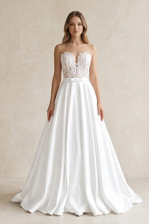 White Sweetheart Appliqued Satin Ball Gown Wedding Dress | KISSBRIDAL