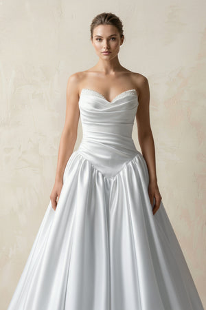 White Sweetheart Ball-Gown Satin Ruched Wedding Dress (3) | KISSBRIDAL