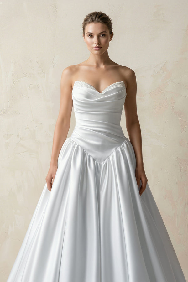 White Sweetheart Ball-Gown Satin Ruched Wedding Dress (3) | KISSBRIDAL