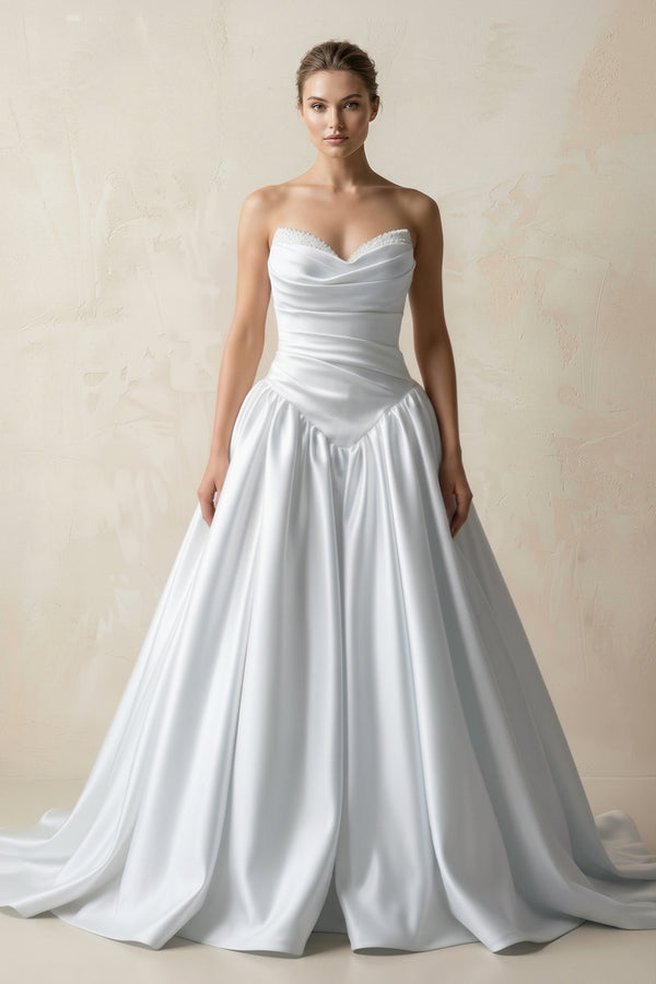White Sweetheart Ball-Gown Satin Ruched Wedding Dress | KISSBRIDAL
