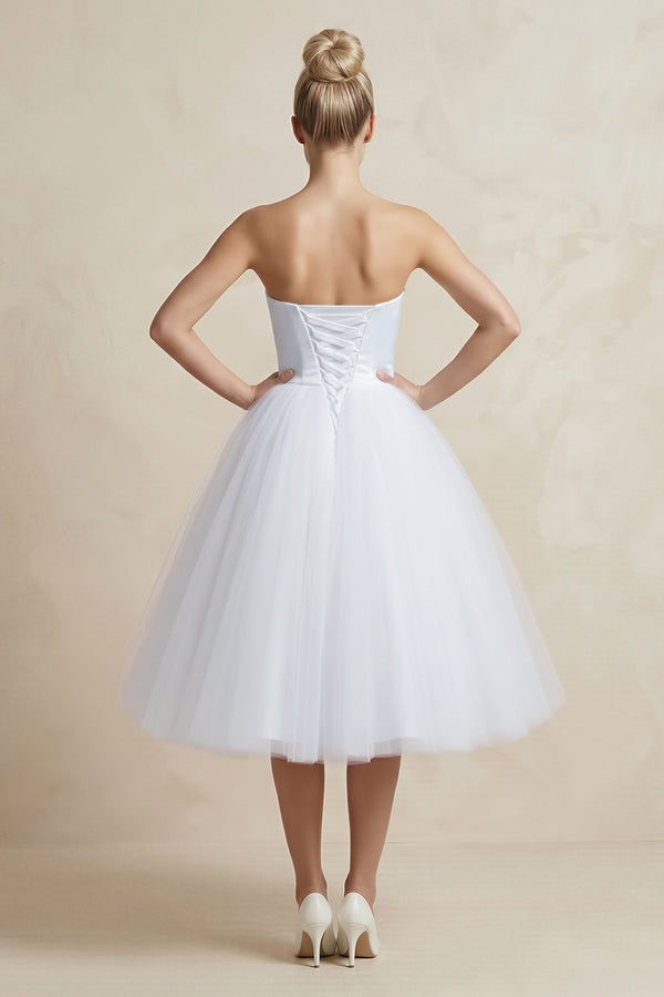 White Sweetheart Ball-Gown Tulle Midi Wedding Dress (2) | KISSBRIDAL