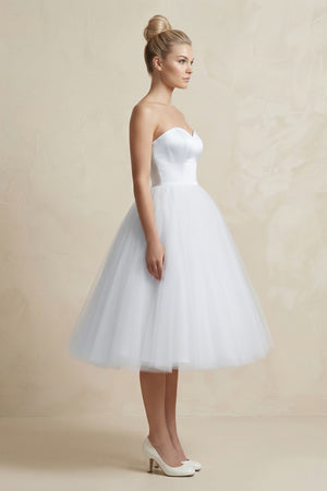 White Sweetheart Ball-Gown Tulle Midi Wedding Dress (3) | KISSBRIDAL
