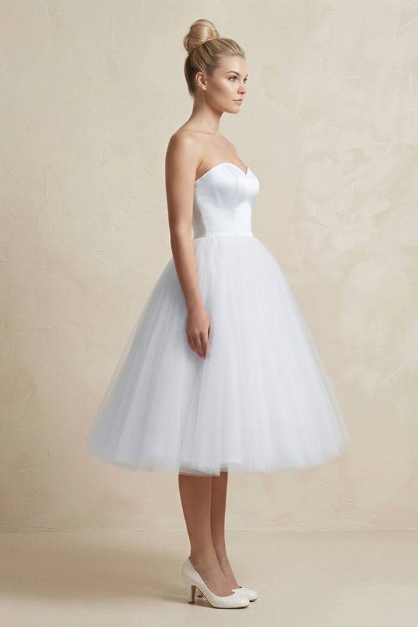 White Sweetheart Ball-Gown Tulle Midi Wedding Dress (3) | KISSBRIDAL