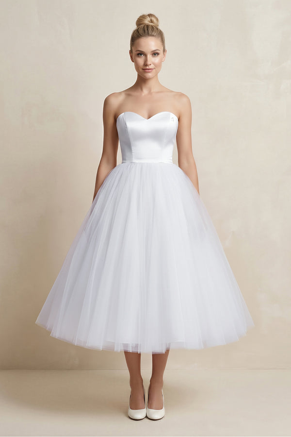 White Sweetheart Ball-Gown Tulle Midi Wedding Dress | KISSBRIDAL