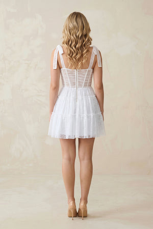 White Sweetheart Lace Ruched Mini Wedding Dress With Bow (2) | KISSBRIDAL