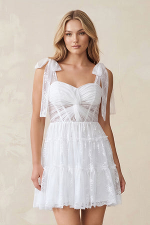 White Sweetheart Lace Ruched Mini Wedding Dress With Bow (3) | KISSBRIDAL