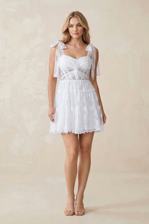 White Sweetheart Lace Ruched Mini Wedding Dress With Bow | KISSBRIDAL