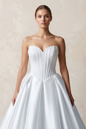 White Sweetheart Satin Ball Gown Corset Wedding Dress (3) | KISSBRIDAL
