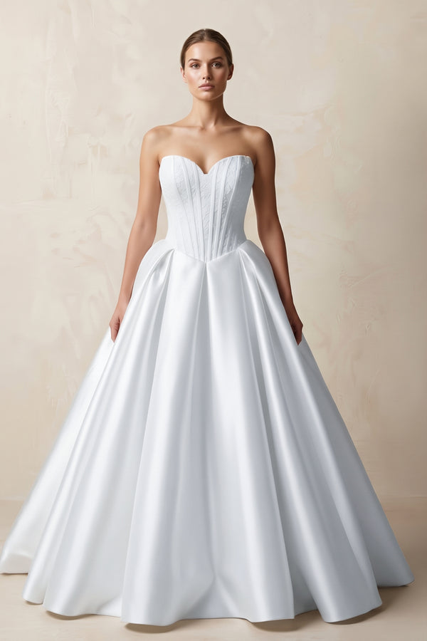 White Sweetheart Satin Ball Gown Corset Wedding Dress | KISSBRIDAL