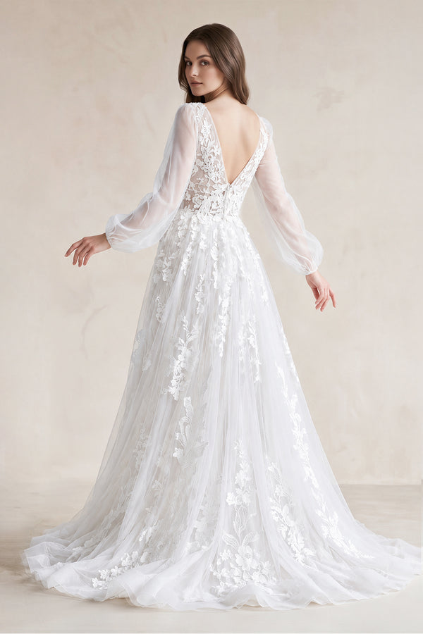 White V-Neck A-Line Appliqued Tulle Long Sleeves Wedding Dress (2) | KISSBRIDAL