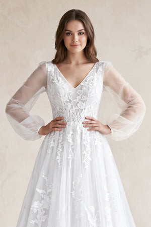 White V-Neck A-Line Appliqued Tulle Long Sleeves Wedding Dress (3) | KISSBRIDAL