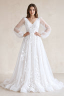 White V-Neck A-Line Appliqued Tulle Long Sleeves Wedding Dress | KISSBRIDAL