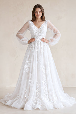 White V-Neck A-Line Appliqued Tulle Long Sleeves Wedding Dress | KISSBRIDAL