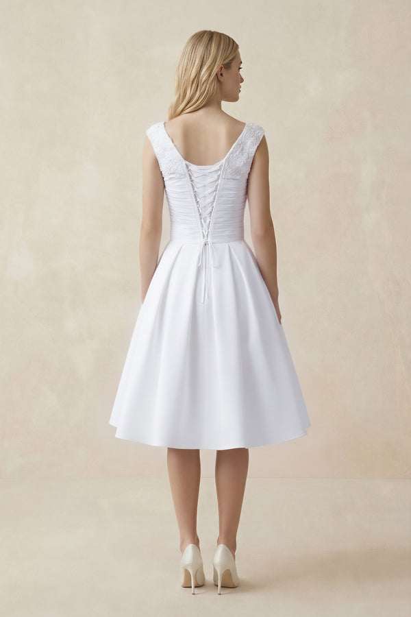 White V-Neck Satin A-Line Midi Beaded Wedding Dress (2) | KISSBRIDAL