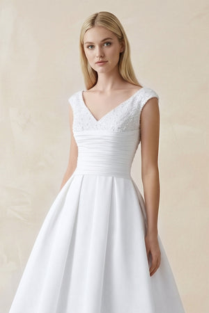 White V-Neck Satin A-Line Midi Beaded Wedding Dress (3) | KISSBRIDAL