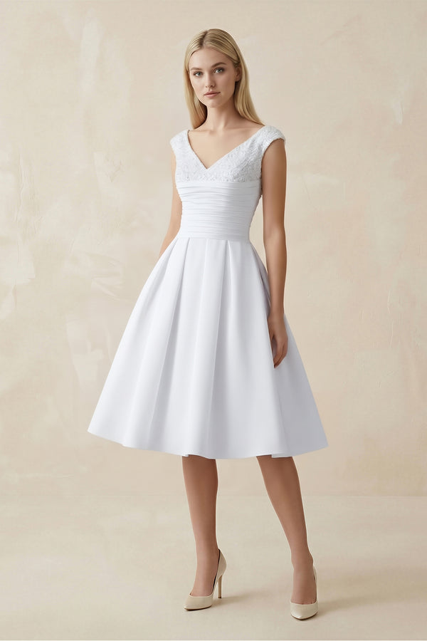 White V-Neck Satin A-Line Midi Beaded Wedding Dress | KISSBRIDAL