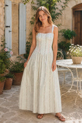 White Vintage Rose Printed A - Line Cotton Midi Dress - KISS BRIDAL Dresses