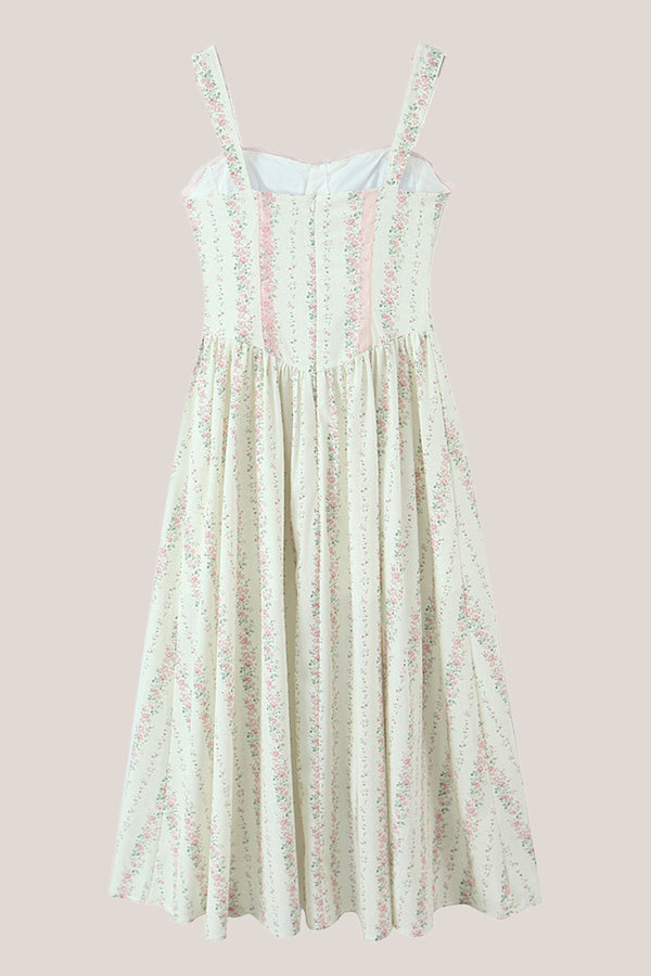 White Vintage Rose Printed A - Line Cotton Midi Dress - SHE IS ME Dresses