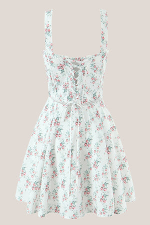 White Vintage Rose Printed A - Line Cotton Mini Dress - SHE IS ME Dresses