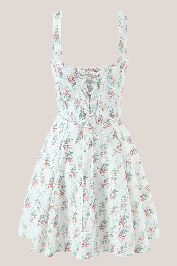 White Vintage Rose Printed A - Line Cotton Mini Dress - SHE IS ME Dresses