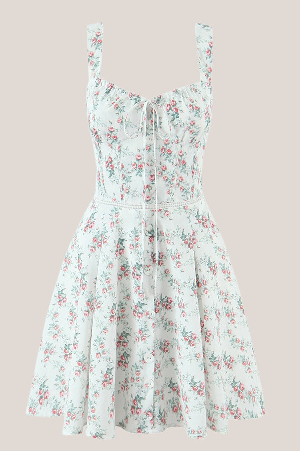 White Vintage Rose Printed A - Line Cotton Mini Dress - SHE IS ME Dresses