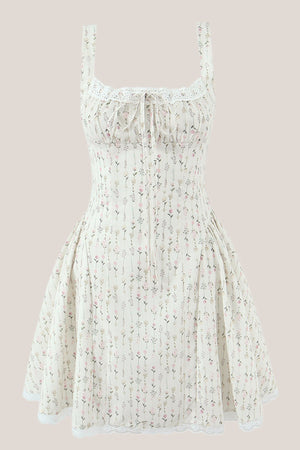 White Vintage Rose Printed Lace Cotton Mini Dress - SHE IS ME Dresses