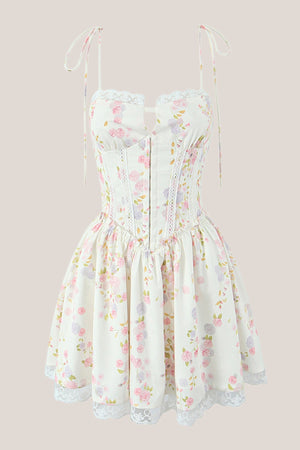 White Warm Rose Print Cotton Lace - Trim Mini Dress - SHE IS ME Dresses