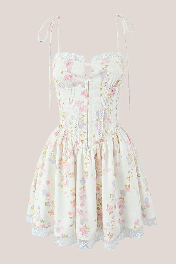 White Warm Rose Print Cotton Lace - Trim Mini Dress - SHE IS ME Dresses